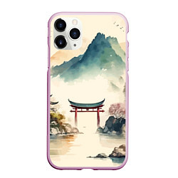 Чехол iPhone 11 Pro матовый Японский пейзаж - акварель, цвет: 3D-розовый