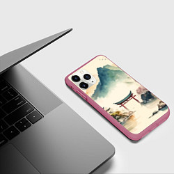 Чехол iPhone 11 Pro матовый Японский пейзаж - акварель, цвет: 3D-малиновый — фото 2