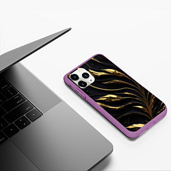 Чехол iPhone 11 Pro матовый Золотой орнамент на черном, цвет: 3D-фиолетовый — фото 2