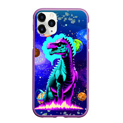 Чехол iPhone 11 Pro матовый Динозавр в космосе - неоновое свечение, цвет: 3D-фиолетовый