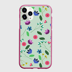 Чехол iPhone 11 Pro матовый Цветы, веточки и листья, цвет: 3D-малиновый