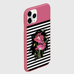Чехол iPhone 11 Pro матовый Розовые акварельные маки на полосатом фоне, цвет: 3D-малиновый — фото 2
