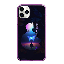Чехол iPhone 11 Pro матовый Силуэт Шинобу Кочо на поле и светящаяся бабочка, цвет: 3D-фиолетовый