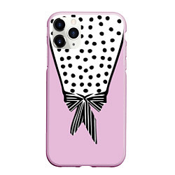 Чехол iPhone 11 Pro матовый Костюм Барби: черный горох с полосатым бантом, цвет: 3D-розовый