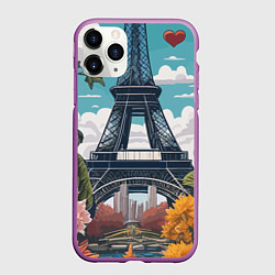 Чехол iPhone 11 Pro матовый Эйфелева башня в цветах, цвет: 3D-фиолетовый
