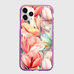Чехол iPhone 11 Pro матовый Разноцветные пастельные тюльпаны - паттерн, цвет: 3D-фиолетовый