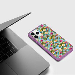 Чехол iPhone 11 Pro матовый Разноцветные цветочки гавайские, цвет: 3D-фиолетовый — фото 2