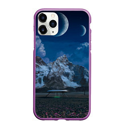 Чехол iPhone 11 Pro матовый Ночные горы в природе и небо с нло, цвет: 3D-фиолетовый
