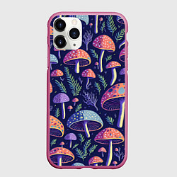 Чехол iPhone 11 Pro матовый Грибы паттерн, цвет: 3D-малиновый