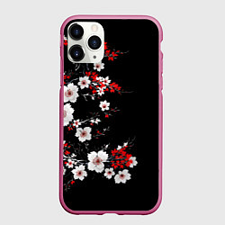Чехол iPhone 11 Pro матовый Белая и красная сакура - цветение, цвет: 3D-малиновый