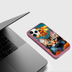 Чехол iPhone 11 Pro матовый Дикая кошка в цветах, цвет: 3D-малиновый — фото 2
