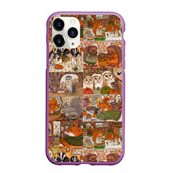 Чехол iPhone 11 Pro матовый Коллаж из сказочных зверей - совы, белки, ёжики, цвет: 3D-фиолетовый