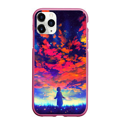 Чехол iPhone 11 Pro матовый Anime girl sky, цвет: 3D-малиновый