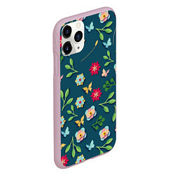 Чехол iPhone 11 Pro матовый Цветы и разноцветные бабочки, цвет: 3D-розовый — фото 2