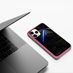 Чехол iPhone 11 Pro матовый Черные плиты и синяя неоновая линия, цвет: 3D-малиновый — фото 2