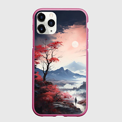 Чехол iPhone 11 Pro матовый Луна над горами, цвет: 3D-малиновый