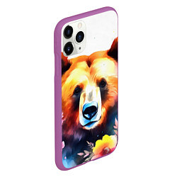 Чехол iPhone 11 Pro матовый Морда медведя гризли с цветами акварелью, цвет: 3D-фиолетовый — фото 2