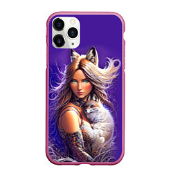 Чехол iPhone 11 Pro матовый A fox girl with a fox cub - neural network, цвет: 3D-малиновый