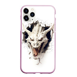 Чехол iPhone 11 Pro матовый Белый дракон выглядывает из стены, цвет: 3D-розовый
