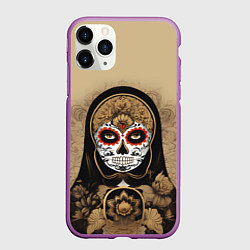 Чехол iPhone 11 Pro матовый Матрешка сахарный череп на Хэллоуин, цвет: 3D-фиолетовый