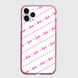 Чехол iPhone 11 Pro матовый Барби паттерн - логотип и сердечки, цвет: 3D-малиновый