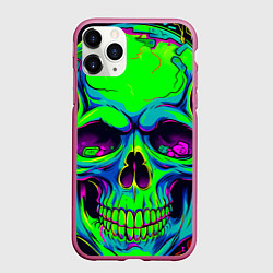 Чехол iPhone 11 Pro матовый Ярко кислотный череп в наушниках, цвет: 3D-малиновый