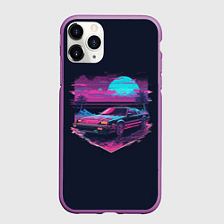 Чехол iPhone 11 Pro матовый Пальмы и гоночная машина в пурпурном свечении, цвет: 3D-фиолетовый
