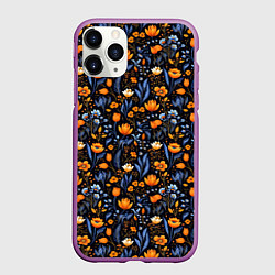 Чехол iPhone 11 Pro матовый Цветы на темном фоне узор