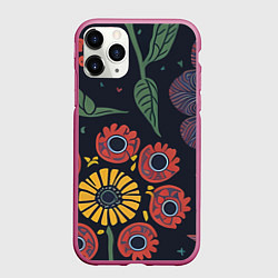 Чехол iPhone 11 Pro матовый Простые цветы на глубоком синем, цвет: 3D-малиновый