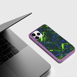 Чехол iPhone 11 Pro матовый Киберпанк линии зелёные и синие, цвет: 3D-фиолетовый — фото 2