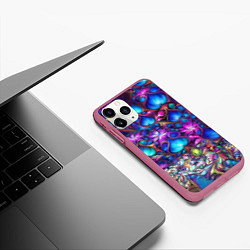 Чехол iPhone 11 Pro матовый Абстракция синие листья и фиолетовый цветы, цвет: 3D-малиновый — фото 2