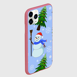 Чехол iPhone 11 Pro матовый Снеговики с новогодними елками паттерн, цвет: 3D-малиновый — фото 2