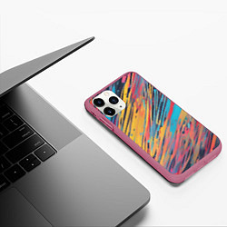 Чехол iPhone 11 Pro матовый Разноцветные брызги жёлтые и голубые, цвет: 3D-малиновый — фото 2