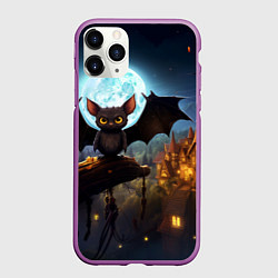 Чехол iPhone 11 Pro матовый Летучая мышка на фоне луны и замка, цвет: 3D-фиолетовый