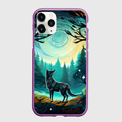 Чехол iPhone 11 Pro матовый Волк в ночном лесу фолк-арт, цвет: 3D-фиолетовый
