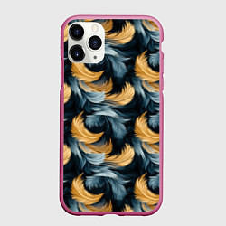 Чехол iPhone 11 Pro матовый Перья желтые серые паттерн, цвет: 3D-малиновый