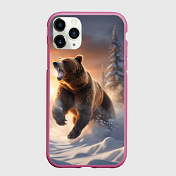 Чехол iPhone 11 Pro матовый Бурый медведь в лесу, цвет: 3D-малиновый
