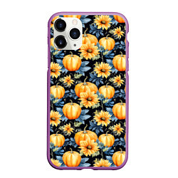 Чехол iPhone 11 Pro матовый Паттерн тыквы и цветы, цвет: 3D-фиолетовый