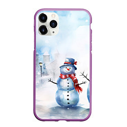 Чехол iPhone 11 Pro матовый Новогодний день со снеговиком, цвет: 3D-фиолетовый