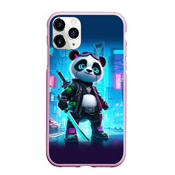 Чехол iPhone 11 Pro матовый Панда кибер самурай в ночном Нью-Йорке, цвет: 3D-розовый