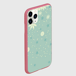 Чехол iPhone 11 Pro матовый Снежинки и звезды на матно зеленем, цвет: 3D-малиновый — фото 2