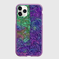 Чехол iPhone 11 Pro матовый Вьющийся узор фиолетовый и зелёный, цвет: 3D-фиолетовый
