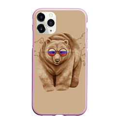 Чехол iPhone 11 Pro матовый Медведь патриотки в очках из России, цвет: 3D-розовый