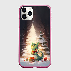 Чехол iPhone 11 Pro матовый Чиби-дракон под ёлкой с подарками, цвет: 3D-малиновый