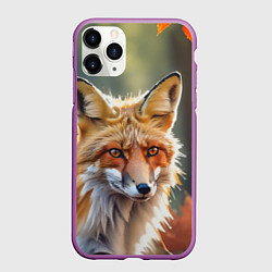 Чехол iPhone 11 Pro матовый Портрет лисы с осенними листьями, цвет: 3D-фиолетовый