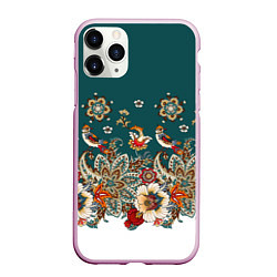 Чехол iPhone 11 Pro матовый Индийский орнамент с птицами, цвет: 3D-розовый