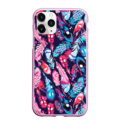 Чехол iPhone 11 Pro матовый Экзотические перья разноцветные, цвет: 3D-розовый