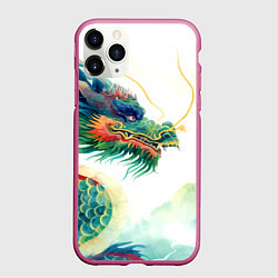 Чехол iPhone 11 Pro матовый Japanese dragon - watercolor art, цвет: 3D-малиновый
