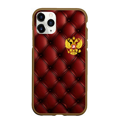 Чехол iPhone 11 Pro матовый Золотой герб России на красном кожаном фоне, цвет: 3D-коричневый