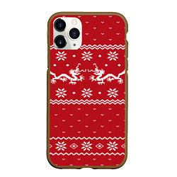 Чехол iPhone 11 Pro матовый Новогодний свитер с драконами, цвет: 3D-коричневый